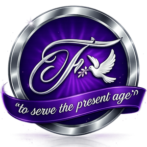 Logo with purple and silver elements, script initials 