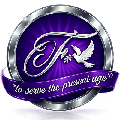 Logo with purple and silver elements, script initials 