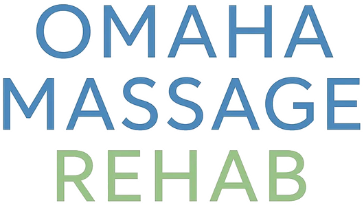 Omaha Massage Rehab logo in blue and green text