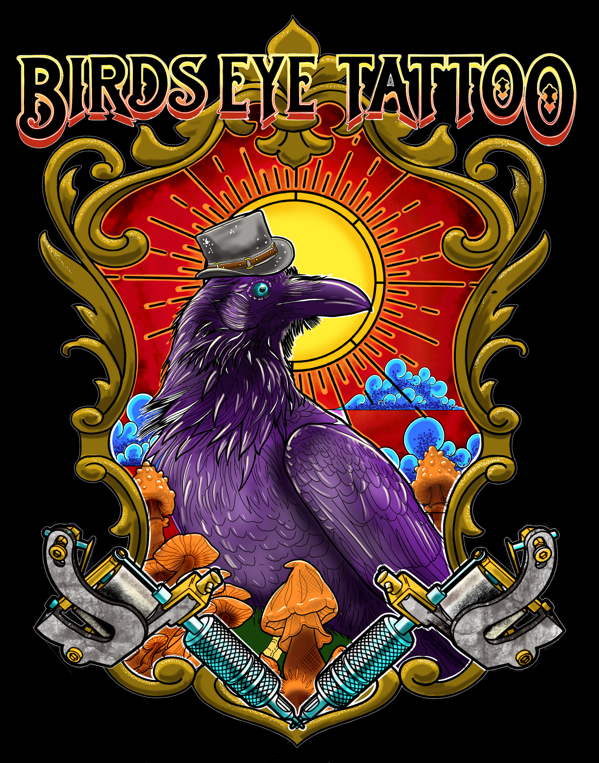 A purple crow wearing a hat is sitting in front of a sun. A purple crow wearing a hat is sitting in front of a sun.