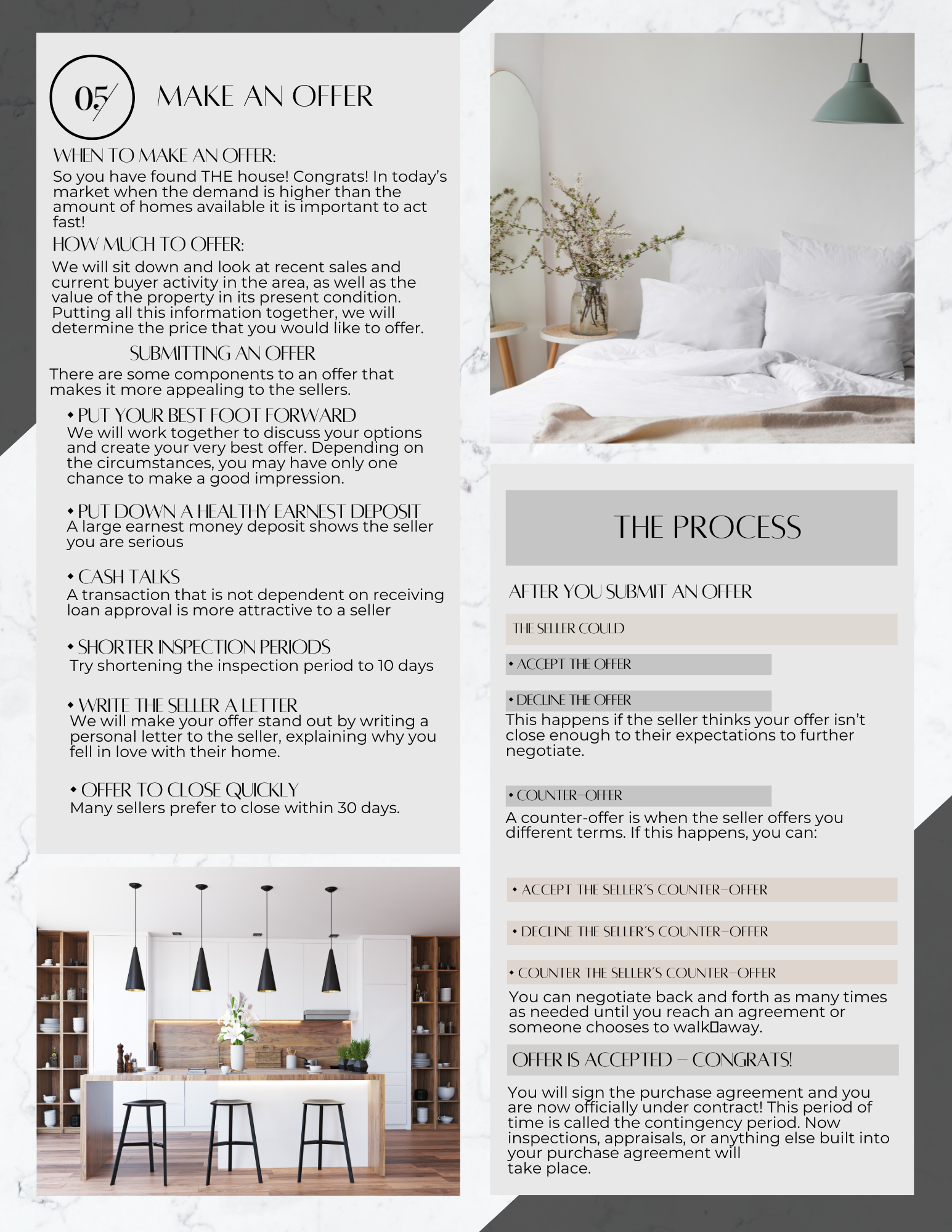 A flyer with a picture of a bedroom and a kitchen