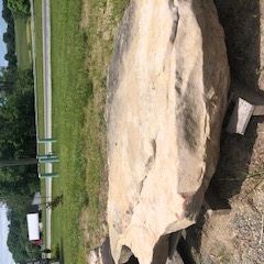Large flat rock slab in a grassy park with a road and bridge in the background.