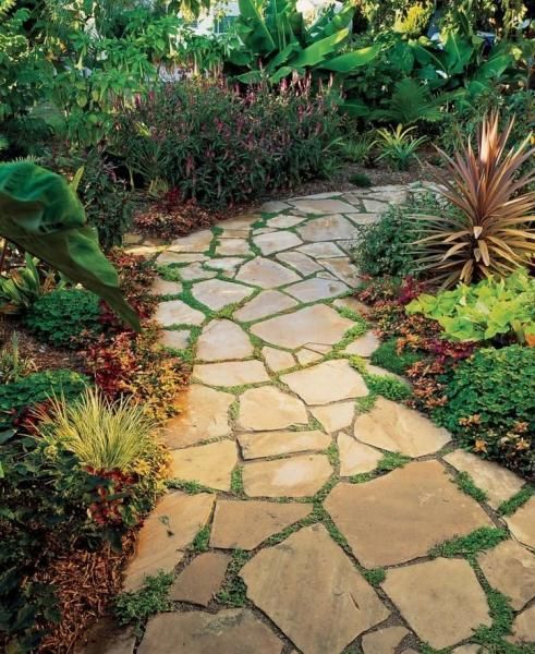 Stone garden path winding through lush tropical plants and flowers