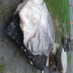 Large light-gray boulder on black base beside a grassy path outdoors