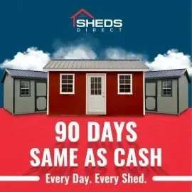 Sheds Direct ad showing red shed with gray side wings and text “90 DAYS SAME AS CASH”