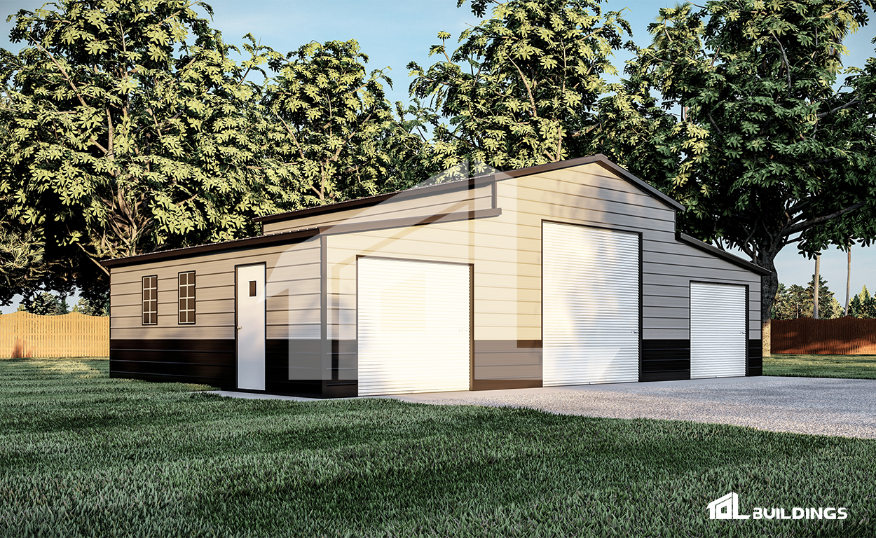 White single-story garage building with multiple doors, set among trees in a suburban yard.