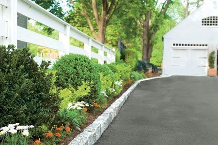 Tree-lined driveway beside white fence and landscaped garden leading to a white garage.