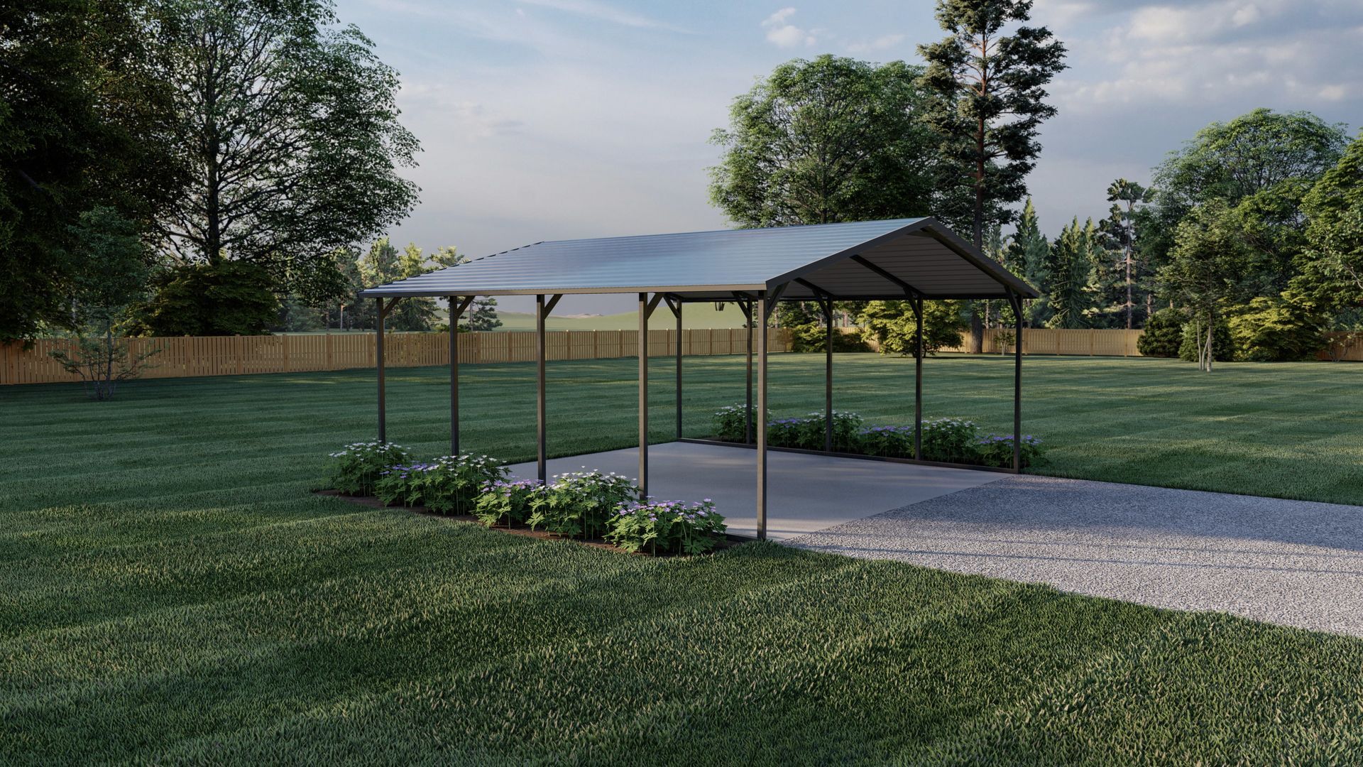 Covered gravel walkway in a grassy park with a metal shelter and trees in the background
