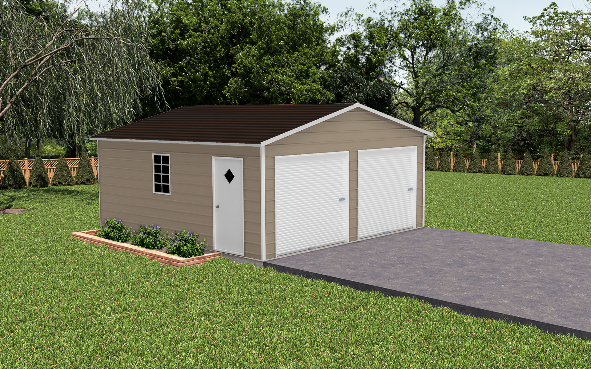 Small beige garage with white doors beside a driveway, surrounded by grass and trees.