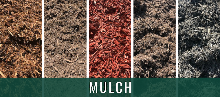 Four mulch samples in brown, tan, red, and gray, labeled “MULCH” at the bottom