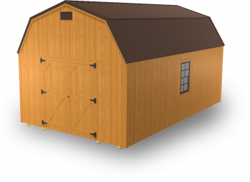 Wooden storage shed with brown roof, double doors, and a side window on a white background