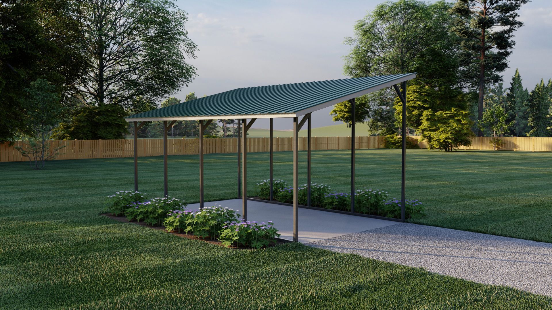 Covered park walkway with a green metal roof and concrete path beside a grassy field