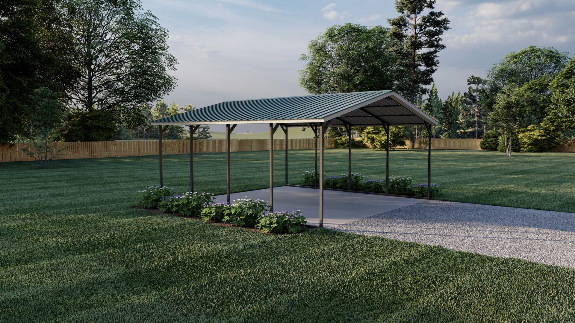 Covered gravel walkway in a grassy park with trees and a fence in the background