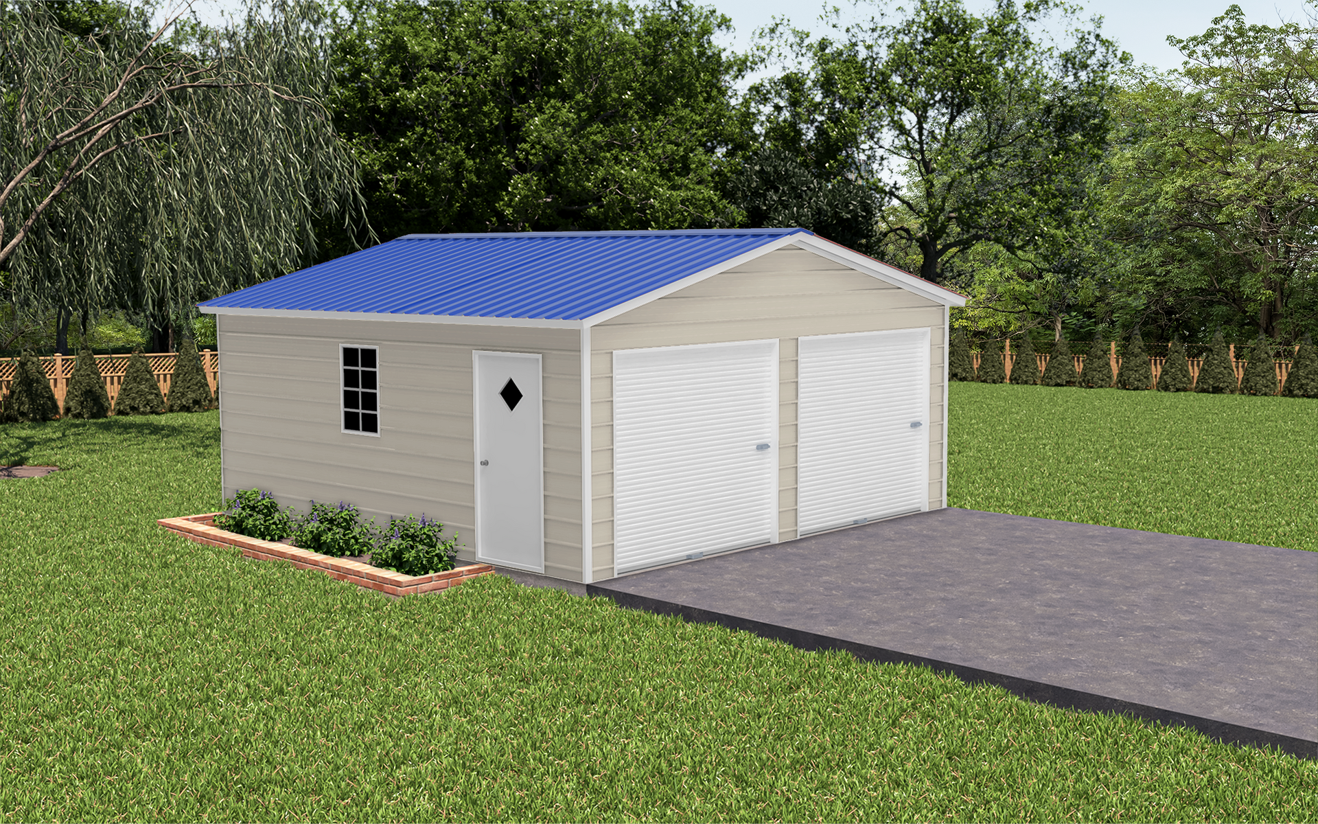 Small white garage with blue roof beside a driveway in a grassy yard, trees in the background