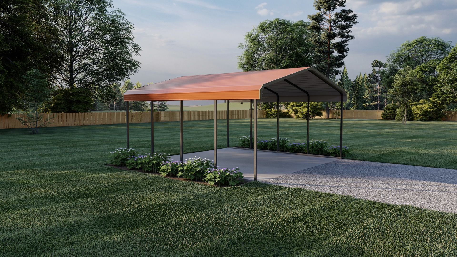 Covered gravel driveway beside a green lawn, with an orange-roof carport and trees in the background