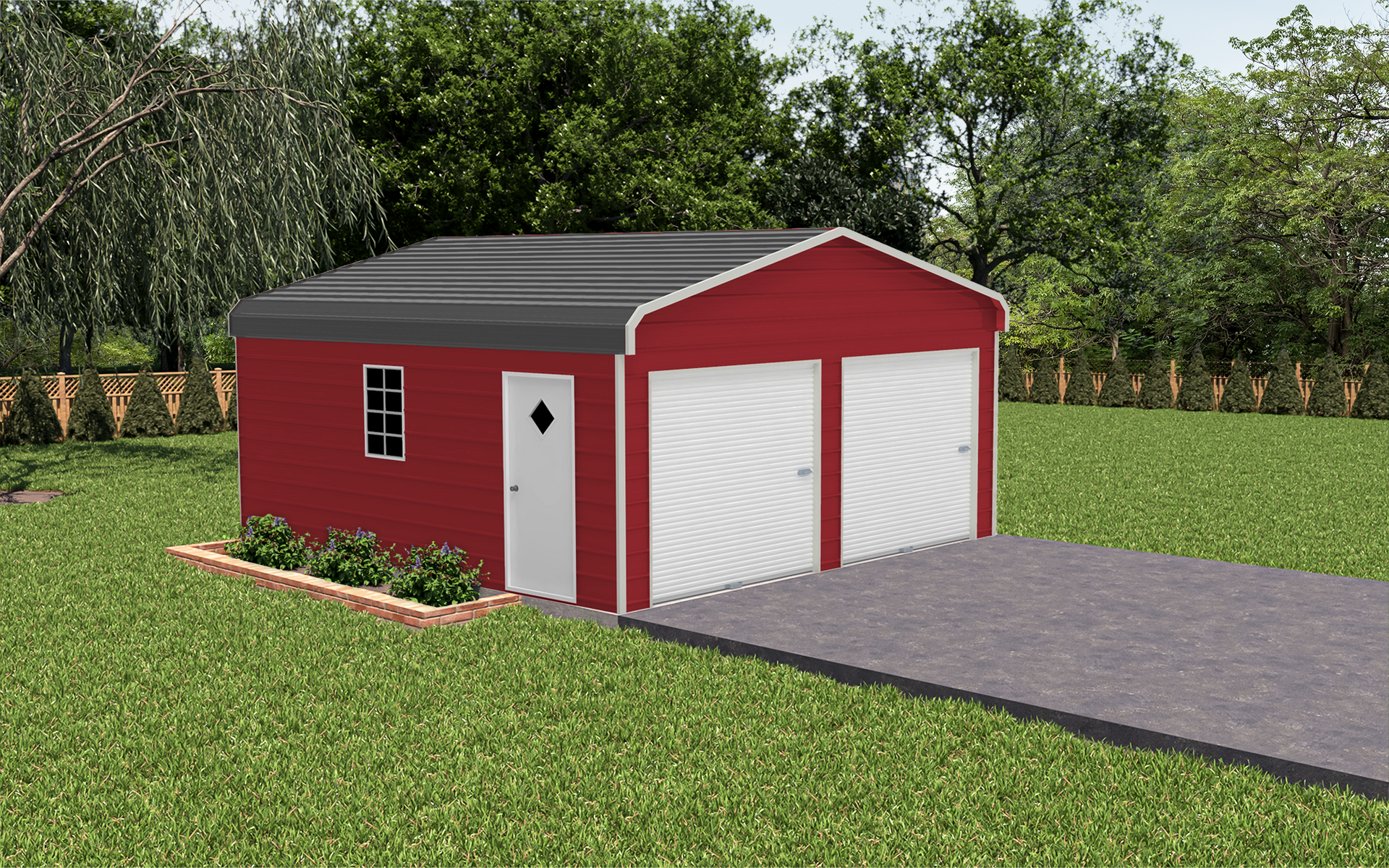 Red backyard storage shed with white doors and trim beside a paved driveway and grassy yard.