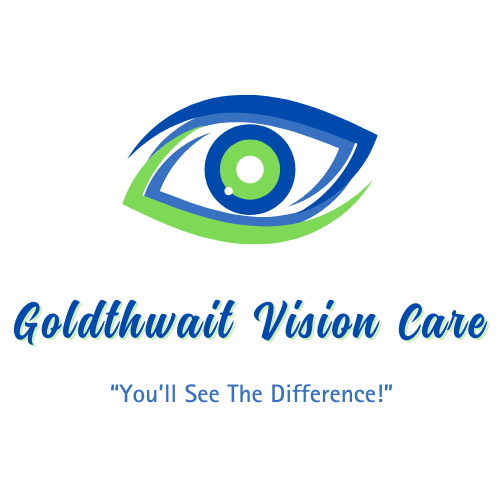 The logo for goldthwait vision care shows a blue and green eye.