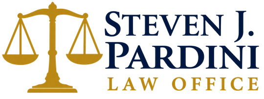 Steven J. Pardo Law Office logo with gold scales of justice and navy text