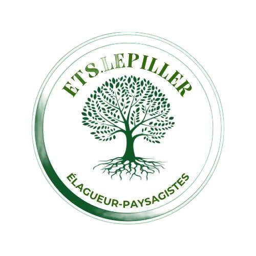 Logo pour Ets. Lepiller représentant la silhouette d'un arbre vert foncé avec une icône de tronçonneuse