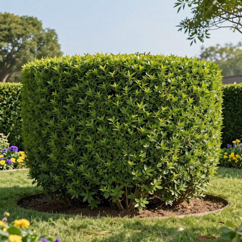 Un buis vert vif, taillé avec soin, se dresse dans un parterre luxuriant, entouré d'herbe et de petites fleurs.