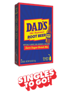 Dad's Old Fashioned Root Beer Singles To Go packet box, blue and red with yellow logo and zero sugar label