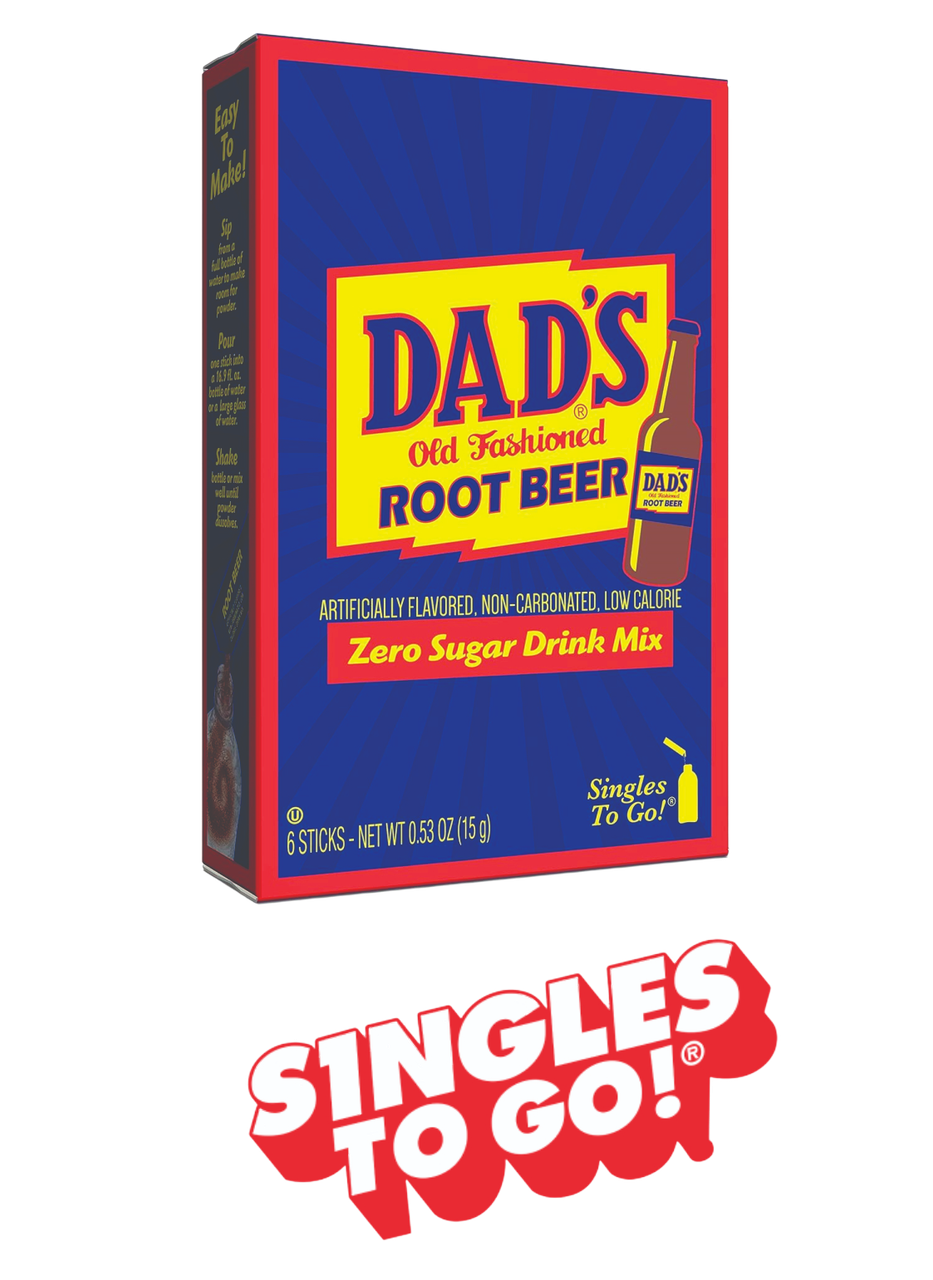 Dad's Old Fashioned Root Beer Singles To Go packet box, blue and red with yellow logo and zero sugar label