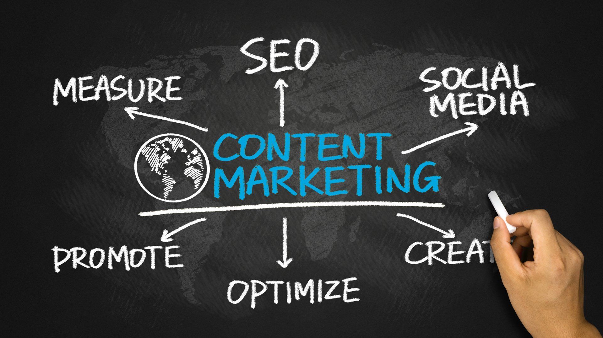 Hand on chalkboard with infographic, symbolizing ways to use content marketing to build brand awareness
