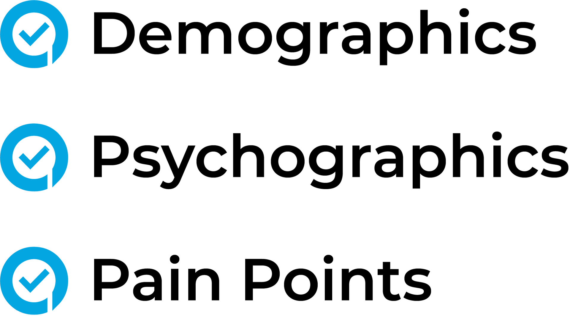 A logo for demographics , psychographics , and pain points.