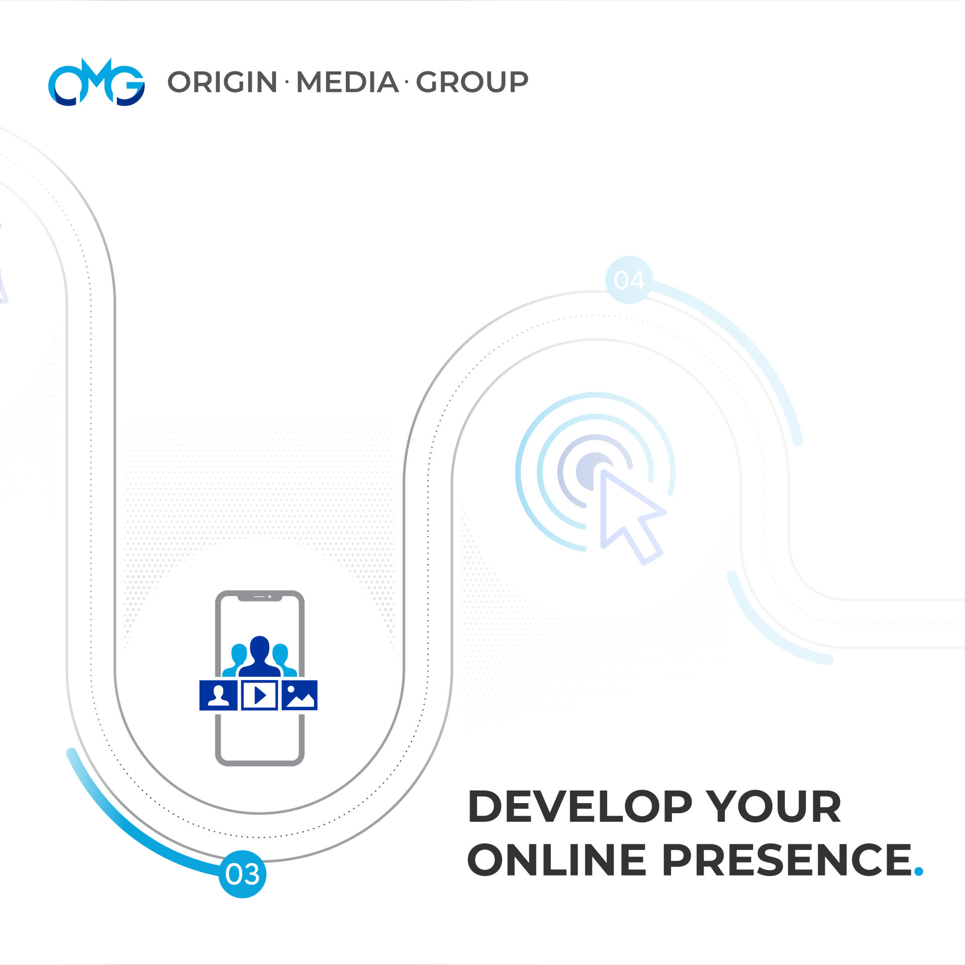 An advertisement for origin media group that says develop your online presence