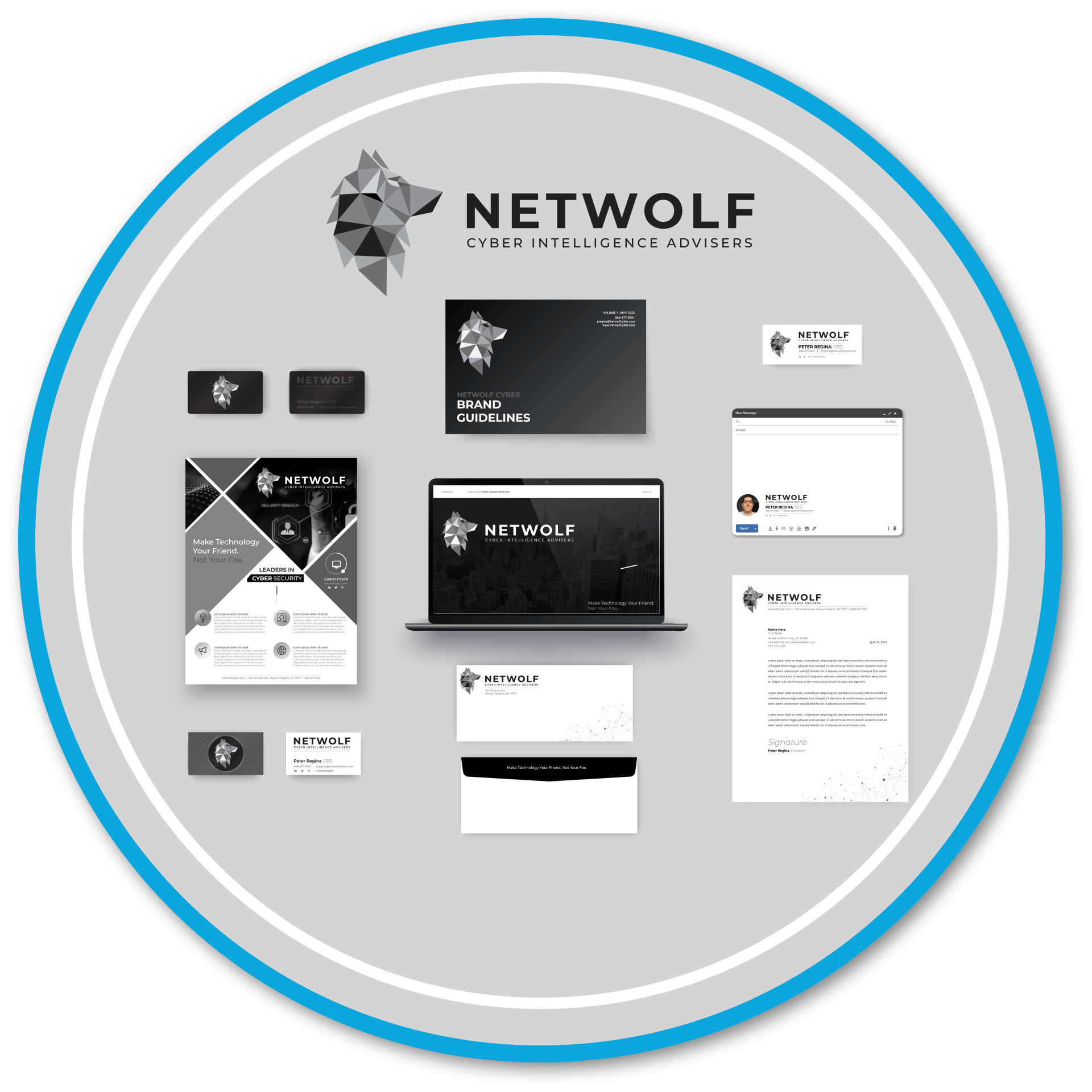 A circle with the word netwolf on it