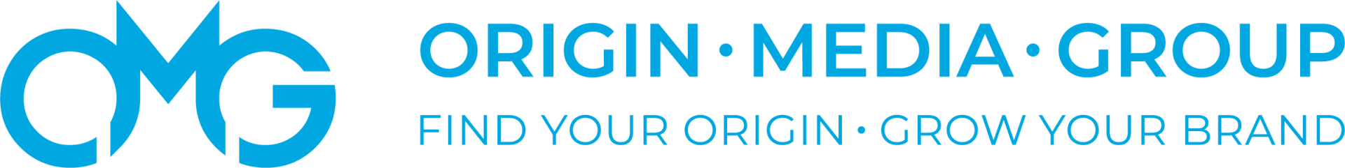 A blue and white logo for origin media group