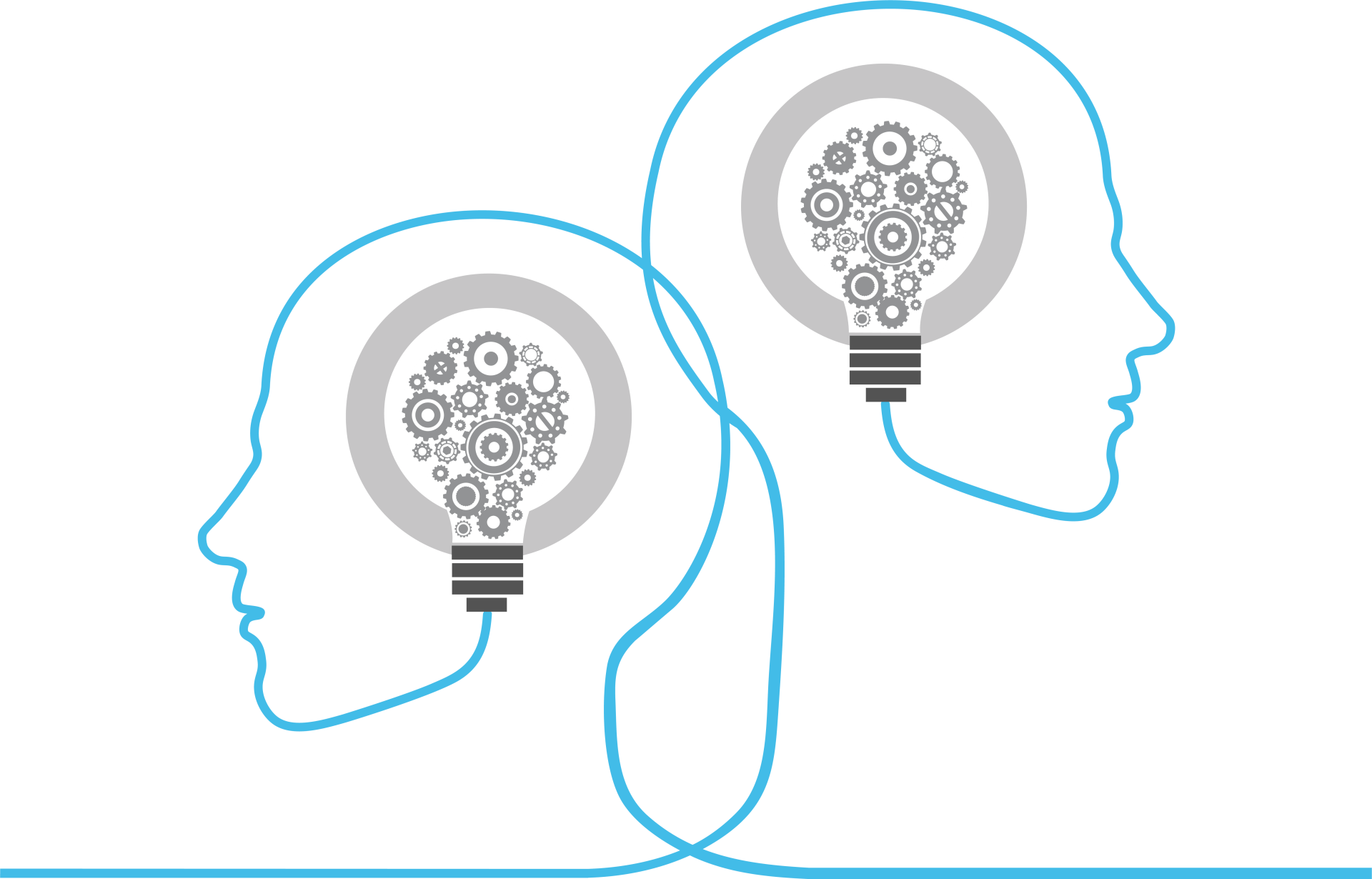 A couple of heads with light bulbs in them.