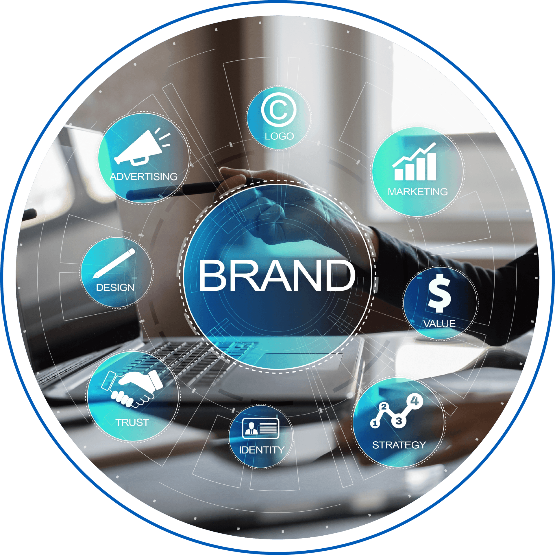 A person is holding a laptop with a circle around it that says brand.