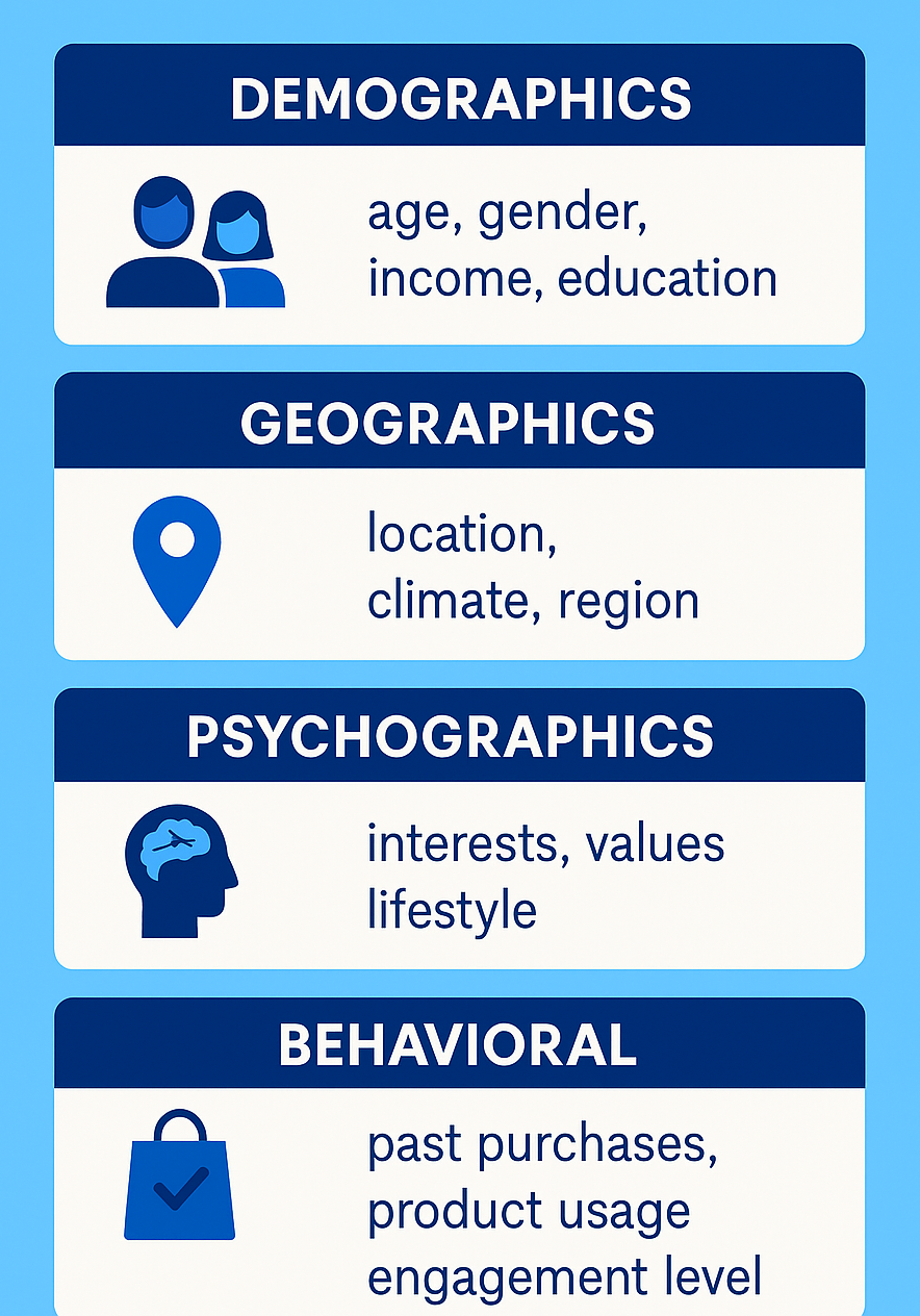 Infographic explaining audience segmentation with four categories: Demographics, Geographics, Psychographics, and Behavioral, each with icons and descriptions.