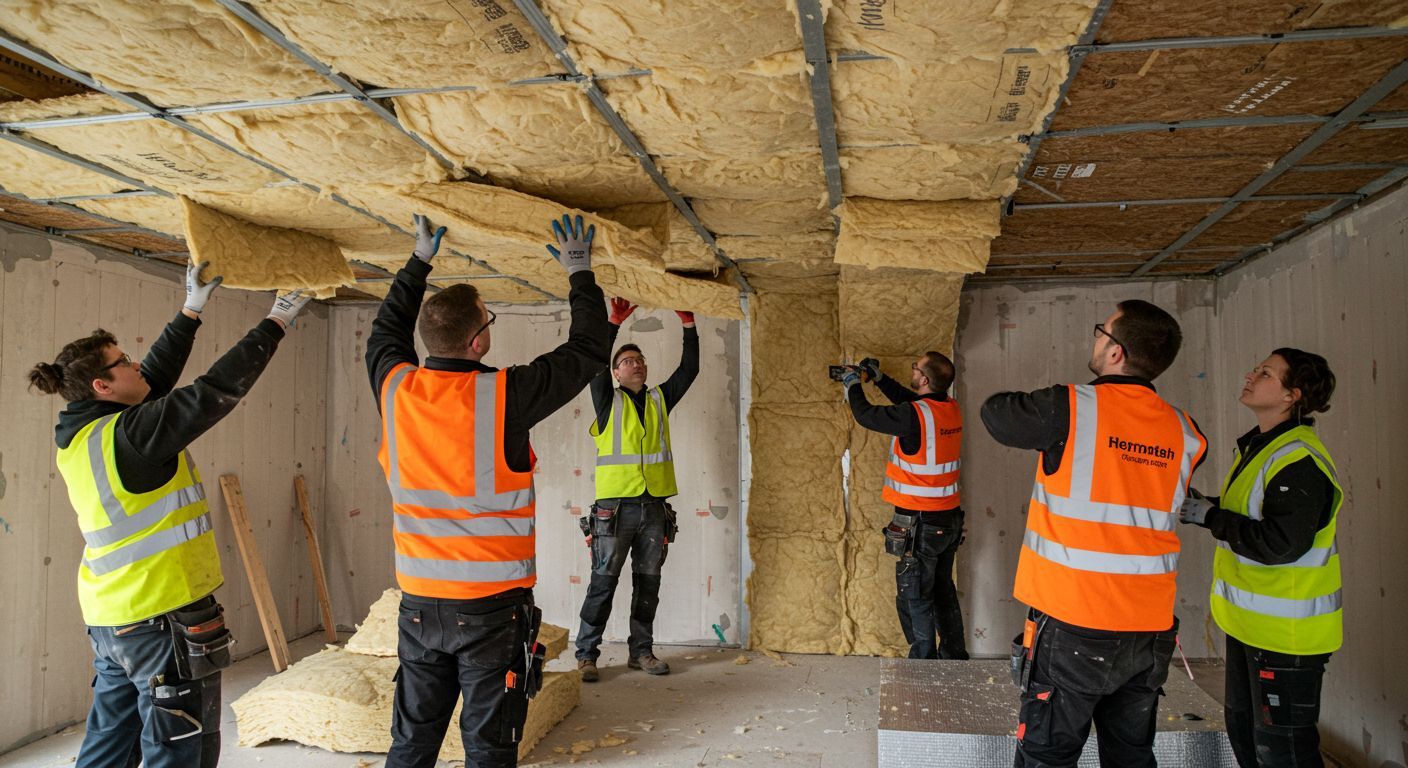 Empleados implementando materiales de aislamiento en el edificio.