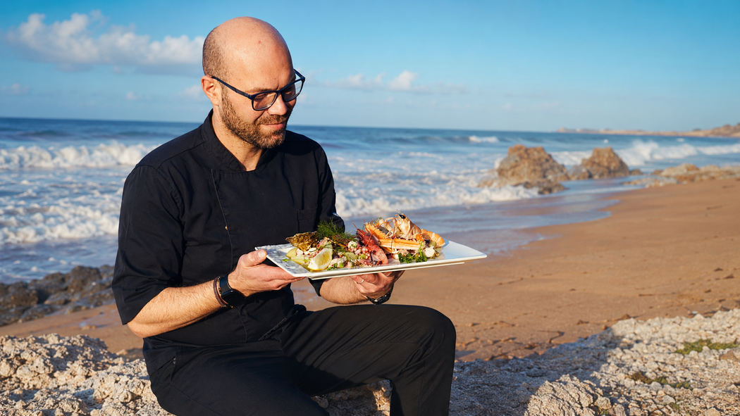Un uomo seduto su una spiaggia tiene in mano un piatto di cibo, con le onde dell'oceano e le rocce sullo sfondo.