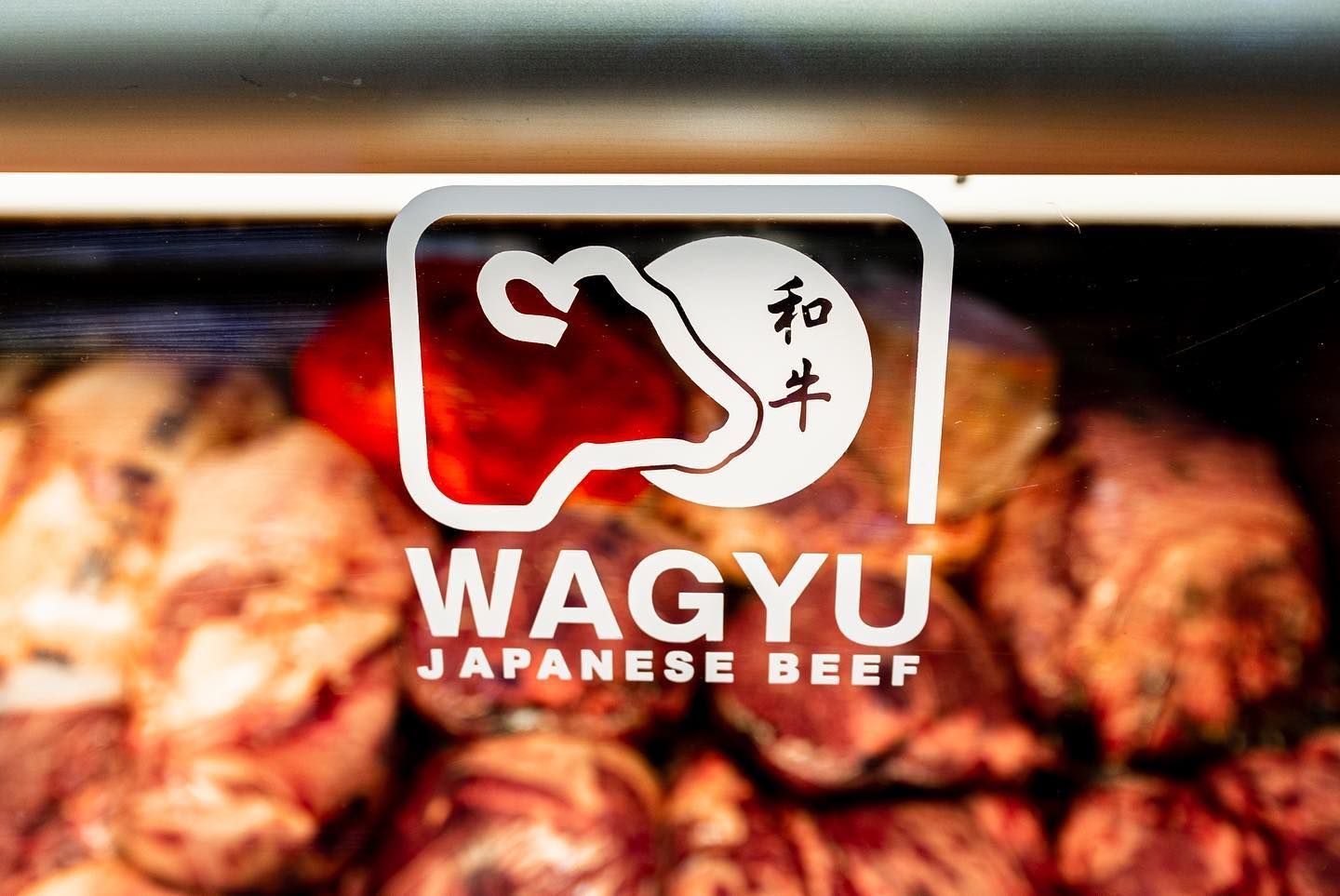 WAGYU Japanese beef logo over grilled meat in a warm-lit display case