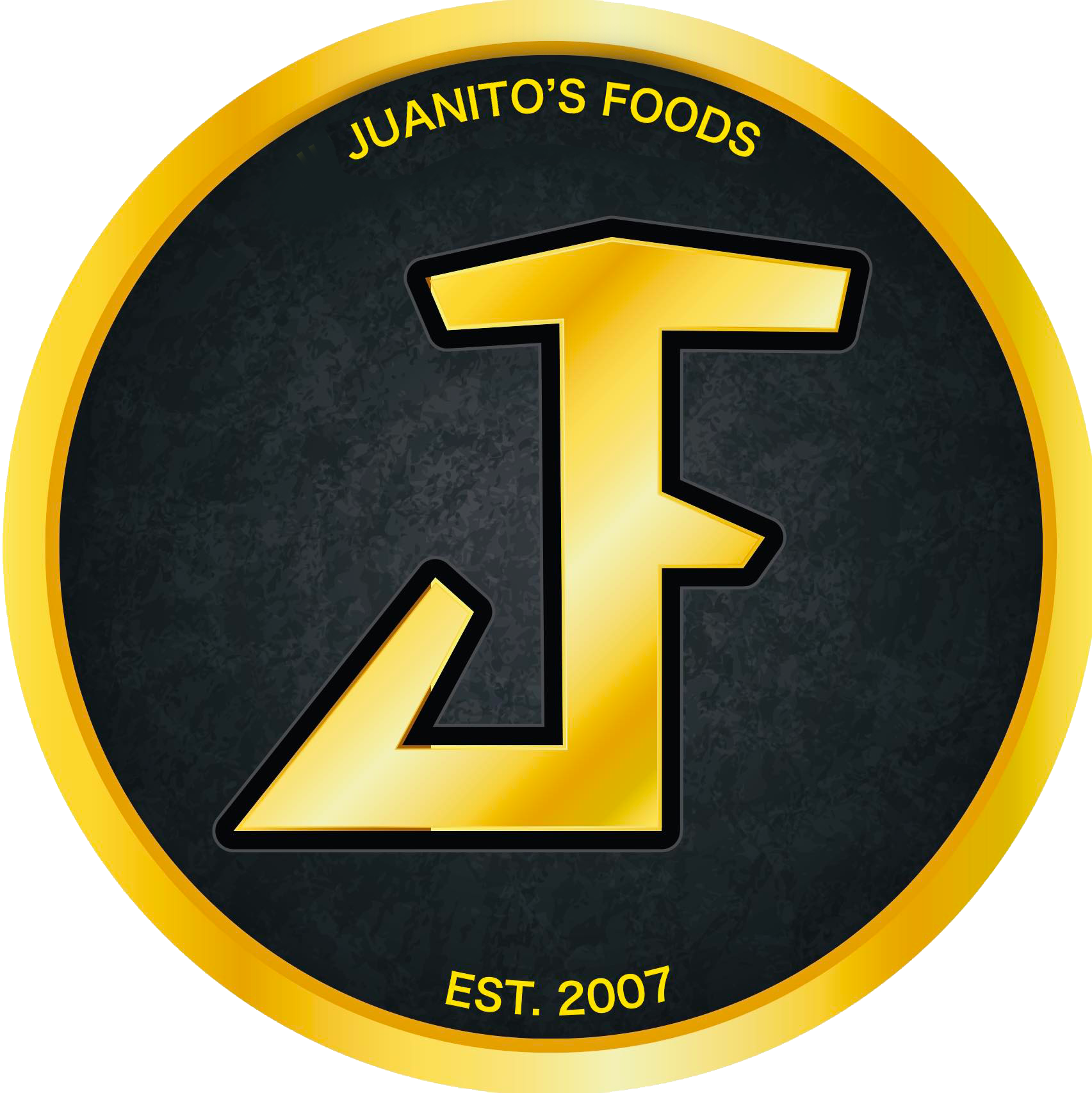 Juanito's Foods gold-and-black circular logo with stylized JF and "Est. 2007" text