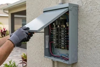 Gloved hand opening outdoor electrical breaker box on a stucco wall