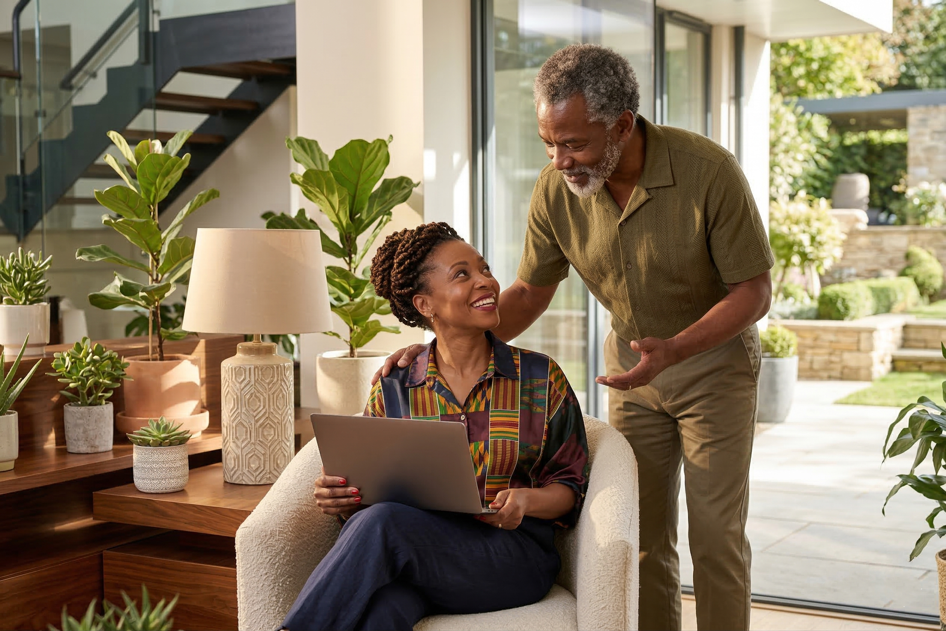 Two people smiling and talking in a bright living room, one seated with a laptop and the other leaning in.