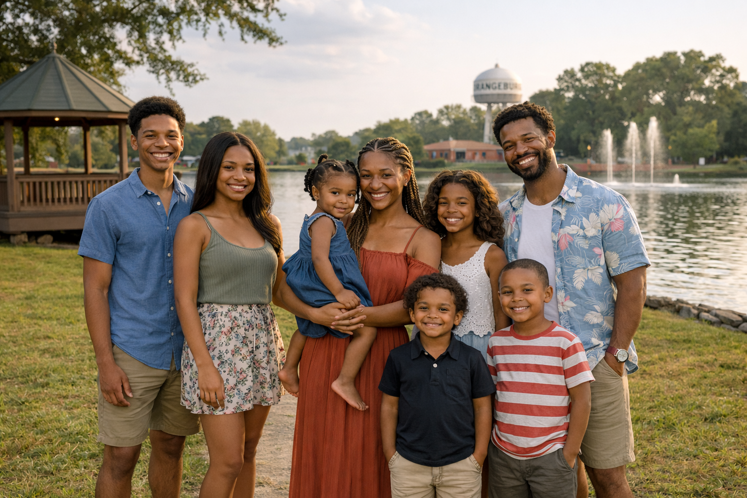 Family posing by a lakeside gazebo at sunset, with fountains and a dome building in the background.