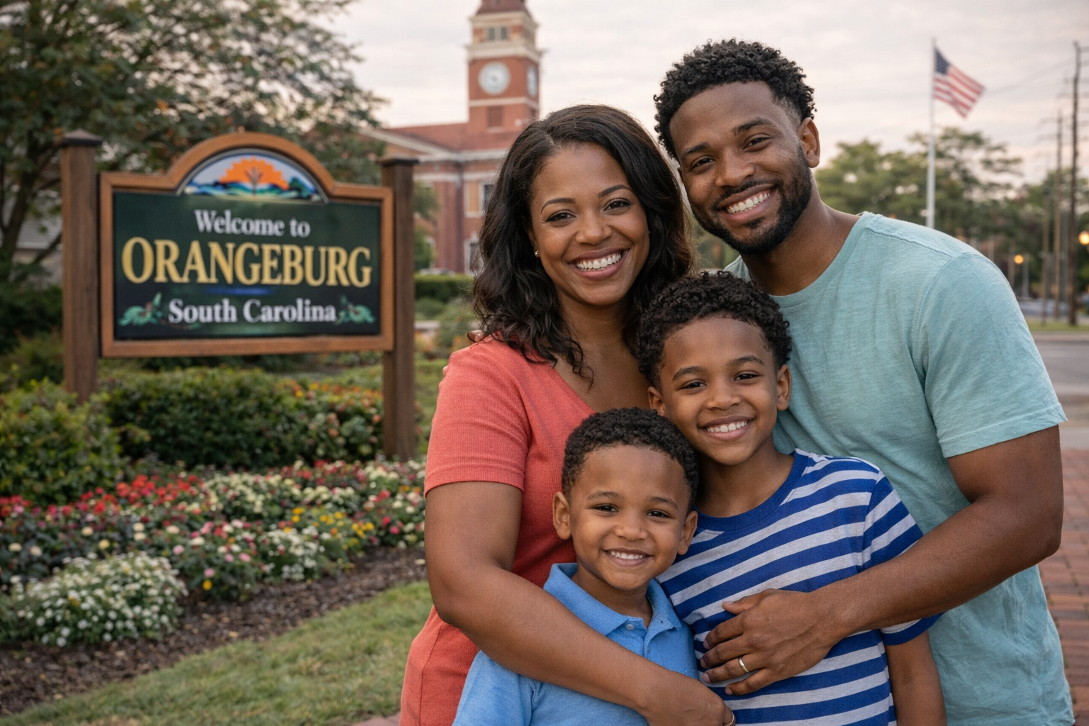 Family smiling in front of the Orangeburg, South Carolina welcome sign at dusk