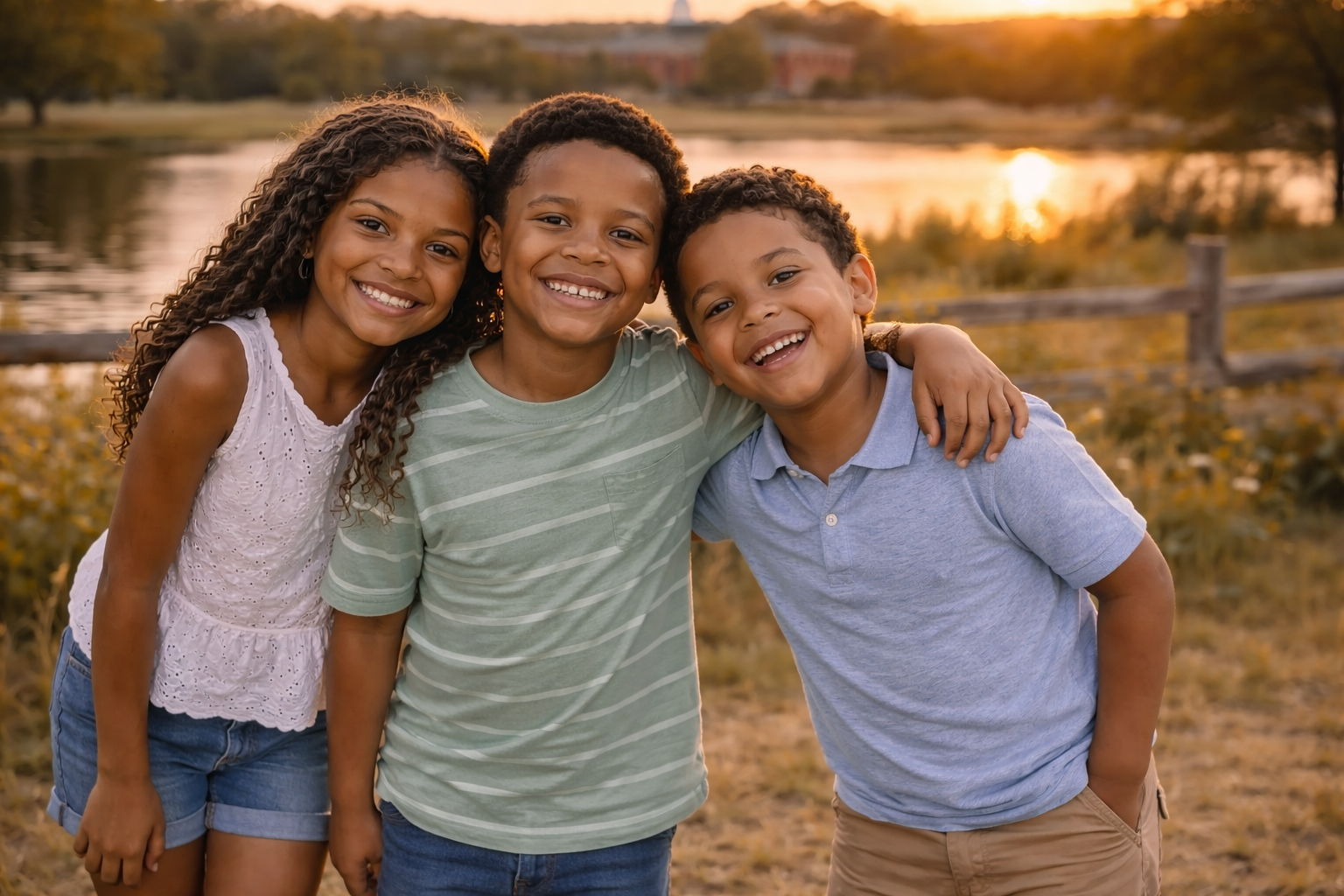 Three smiling children standing arm-in-arm outdoors at sunset near a lake