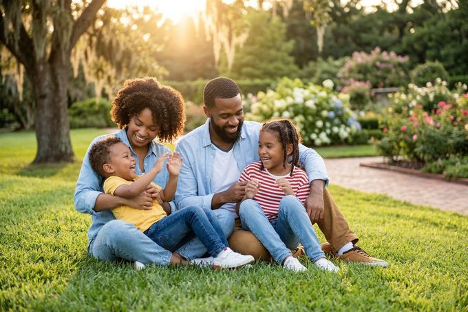 Family sitting on grass in a sunny park, sharing a picnic and smiling together