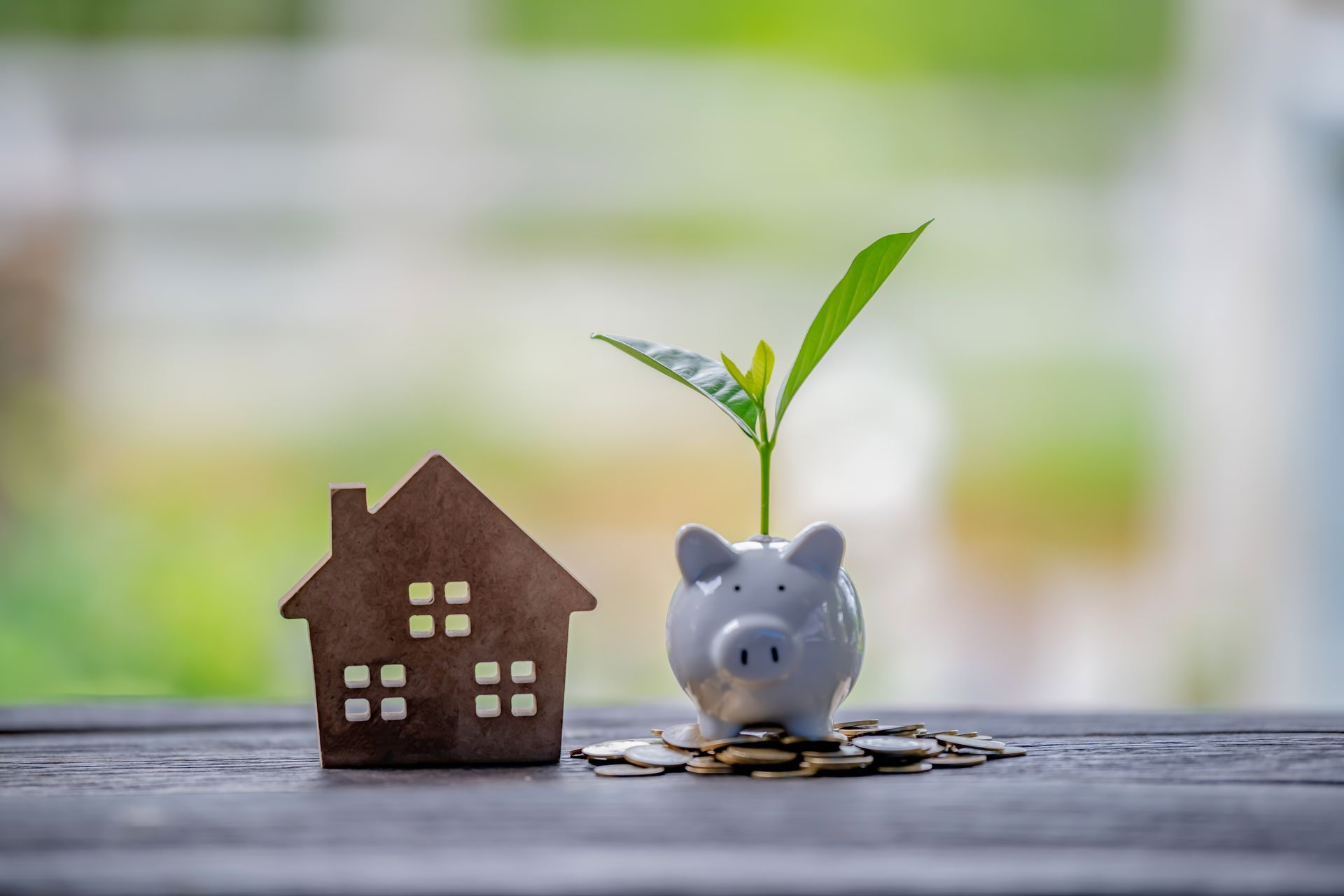 Small house cutout and piggy bank with a growing plant on coins symbolizing estate planning. Small house cutout and piggy bank with a growing plant on coins symbolizing estate planning.