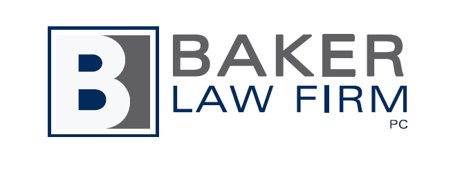 Logo for Baker Law Firm, with a blue and grey 