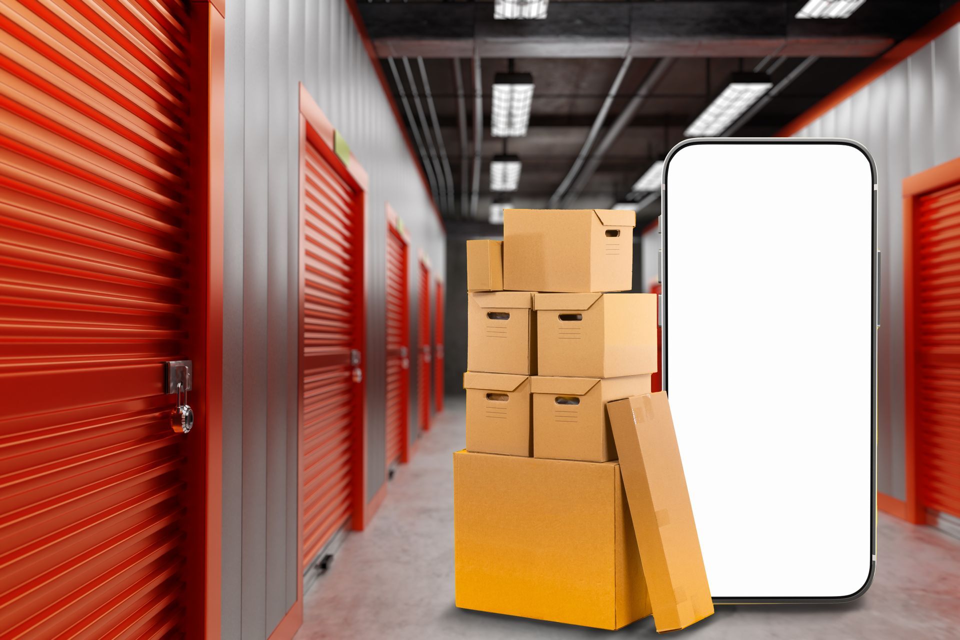 Storage hallway with red doors, stacked cardboard boxes, and a blank white signboard.