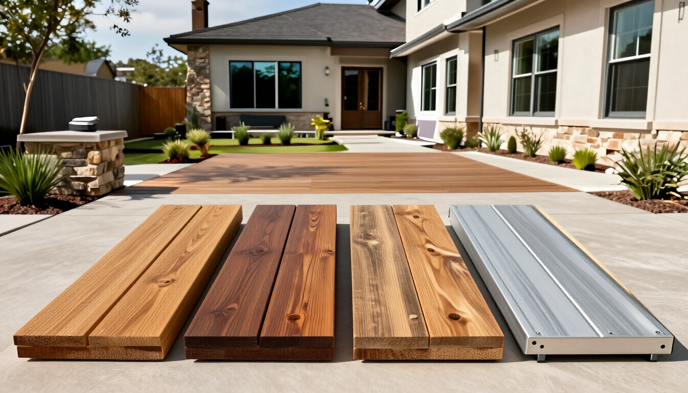 Photorealistic Austin backyard comparison showing composite, cedar, pressure-treated wood, and aluminum decking samples beside a modern home