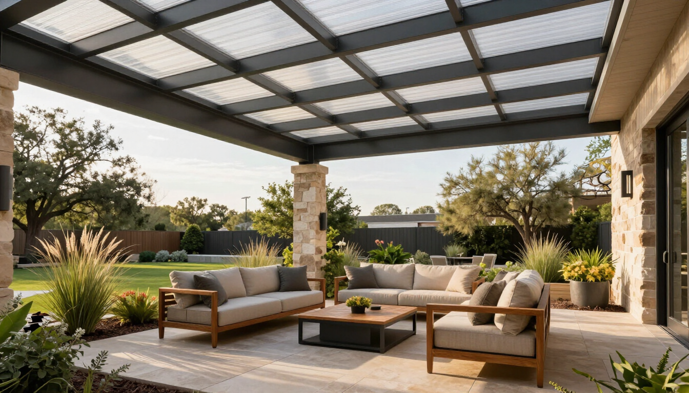 Photorealistic covered Austin patio with translucent Polygal roof, filtered sunlight, comfortable seating, and Texas landscaping