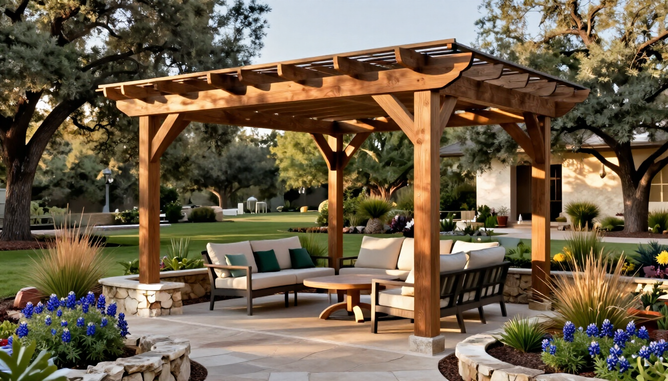 Photorealistic freestanding cedar pergola in a Texas Hill Country backyard with limestone accents, native plants, and lounge furniture